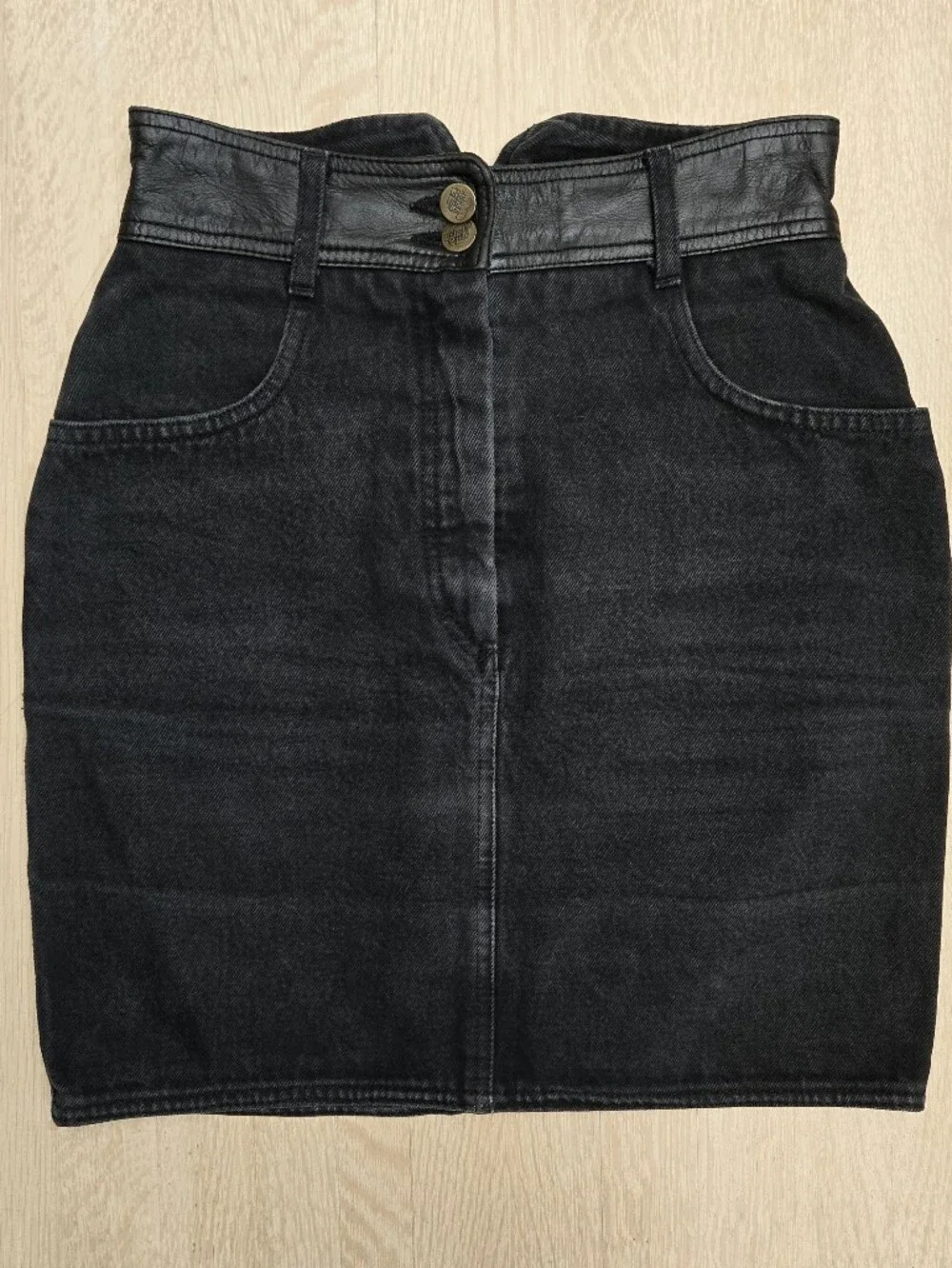 Vintage 80s Oaks by Ferré Denim Mini Skirt Leather Yoke Designer Italy XS